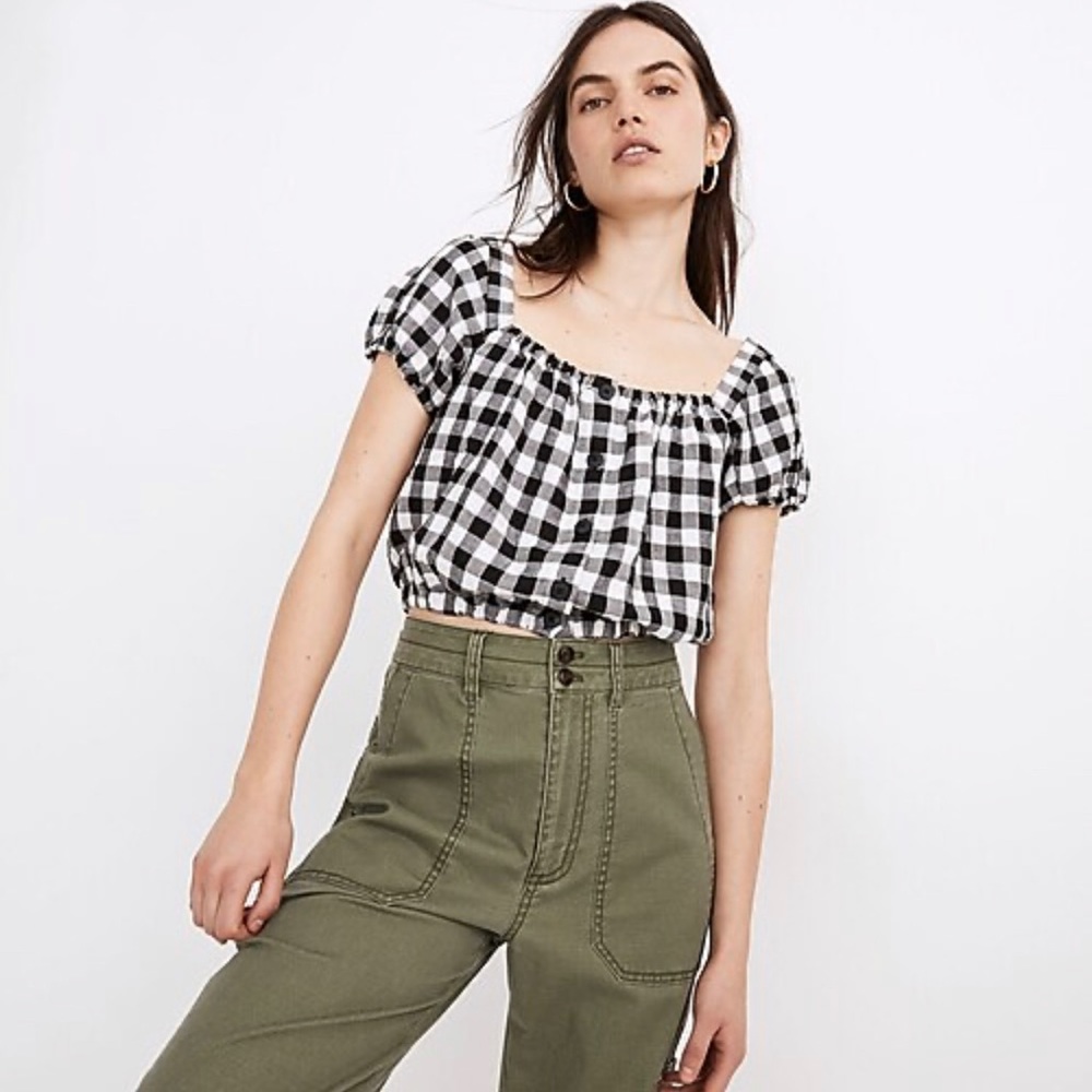 Madewell Linen Blend Puff Sleeve Gingham Cropped Top Size L BNWT